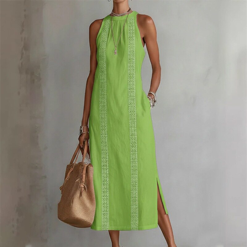 Summer Womens Dress Loose Fit Solid Color Waist Defined Long Length Beach Vacation Style Wholesale Available