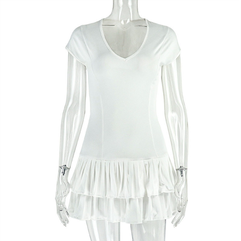 A Line Ruffle Dress Slim Fit Solid Color Short Sleeve U Neck Summer Fashion for Women Wholesale Available