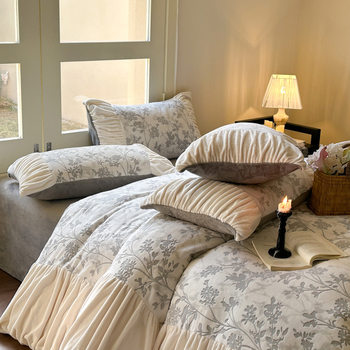 French Pleated Lace Milk Velvet Four-piece Set Rotten Flower fleece-lined Coral Velvet Quilt Cover Bed Sheet Autumn and Winter Bedding 4