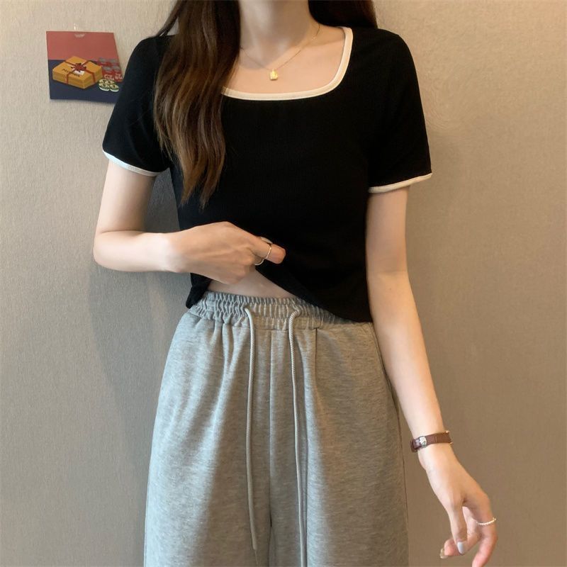 Plus Size Womens Short Sleeve T Shirt Square Neck Slimming Fit Comfortable Fabric Spring and Autumn Layering
