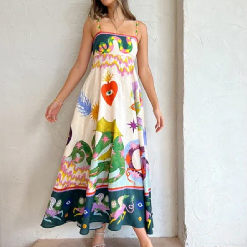 Loose Fit Art Print Off Shoulder High Waist Maxi Dress Spring Collection for Women Stylish Casual Wear Wholesale