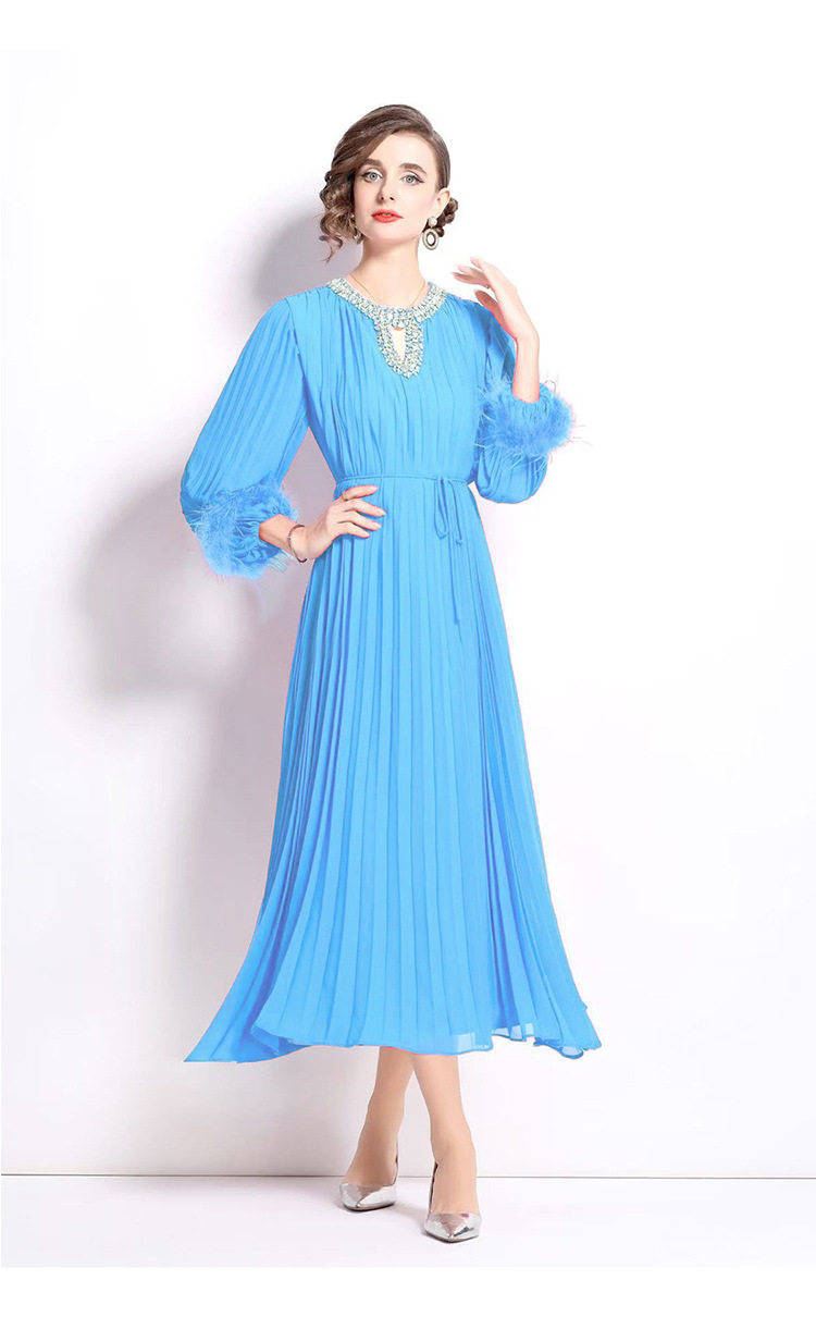 French Style Rhinestone Embellished Long Sleeve Dress Pleated Design Loose Fit Waist Tie Elegant Evening Wear