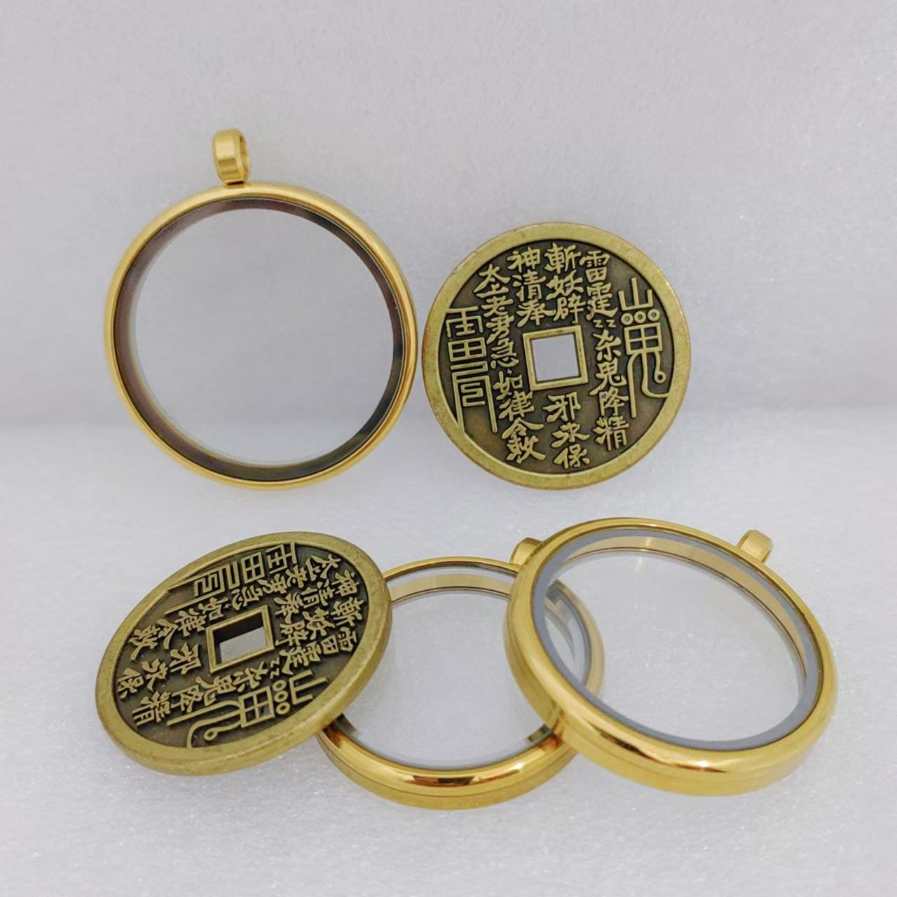 Personalized design gabu box pendant mountain ghost flower coin protective shell copper gold coin round outer frame pendant single pendant