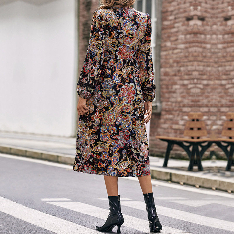 V Neck Floral Long Sleeve Dress Elegant Design European and American Style Perfect for Casual or Formal Occasions