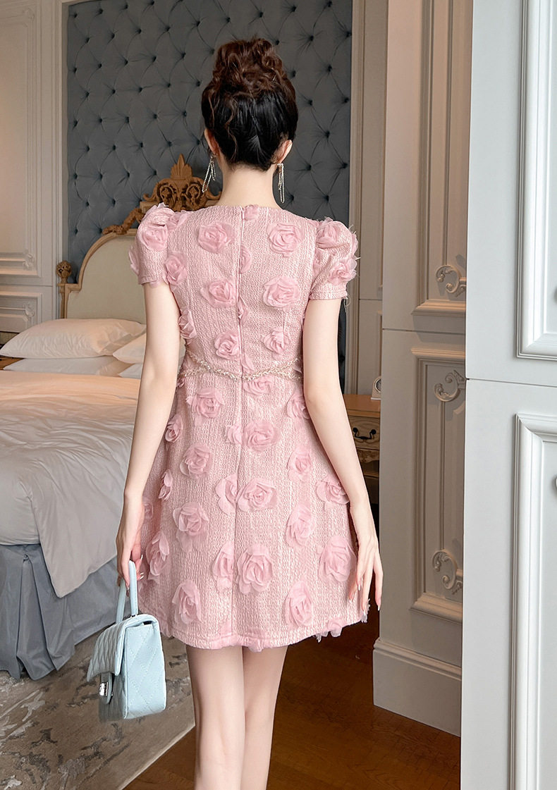 Đầm suông nữ midi tay ngắn cổ tròn eo cao dáng chữ A phong cách Pháp — [Hồng] chi tiết 8