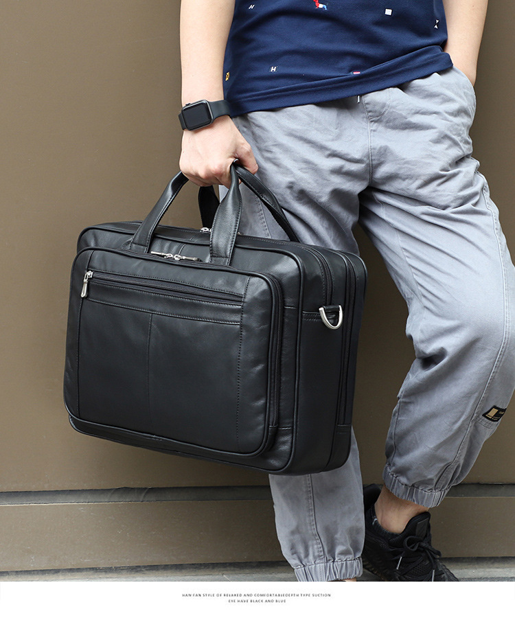Cặp da thật nam công sở đựng laptop 17 inch dáng briefcase cổ điển — Da sáp dầu màu cà phê, Da Napa màu đen, Da ngựa điên Màu nâu sẫm (YKK), Napa đen (YKK)
