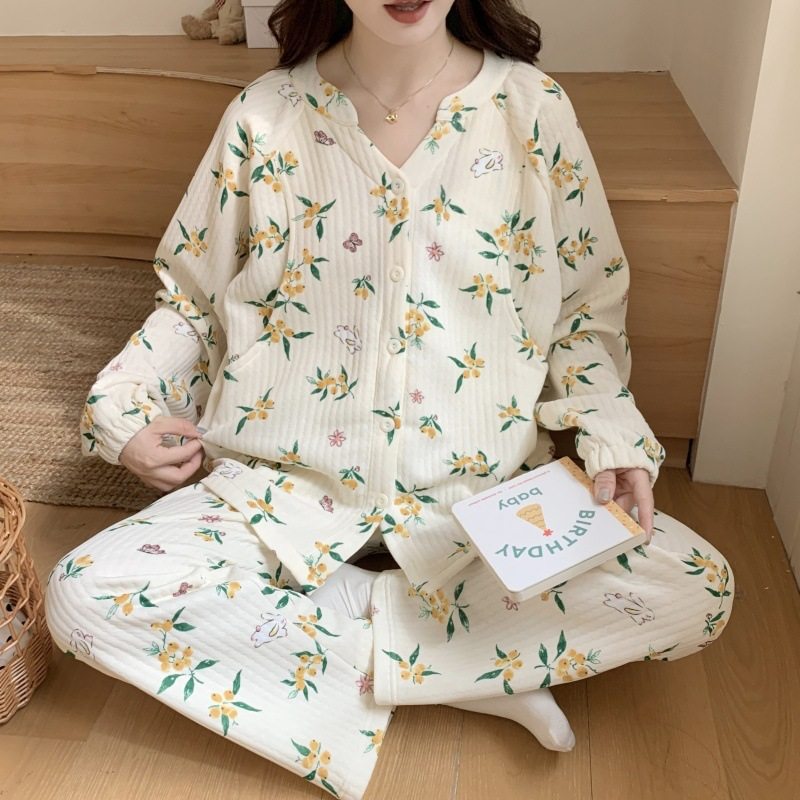 2025 Maternity Autumn and Winter Maternity Clothes Large Size Nursing Pajamas Air Cotton Postpartum Breastfeeding Warm Interlayer Home Clothes