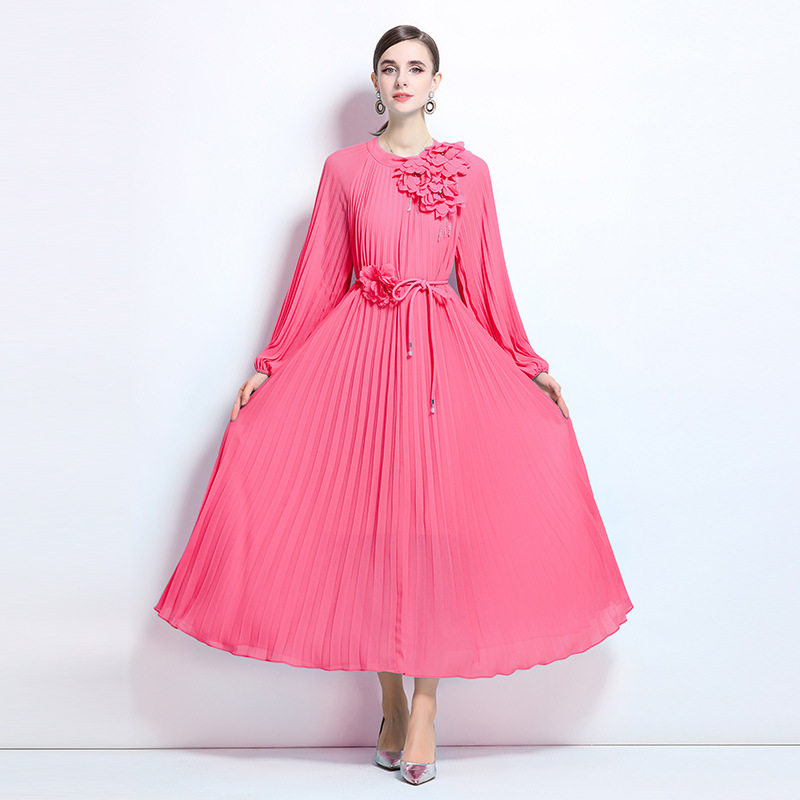Elegant Womens Dress French Beaded 3D Floral Design Lantern Sleeves Pleated Waist Defined Wholesale Available