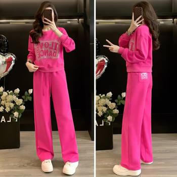 Sports Suit for Women 2025 Autumn and Winter New Rose Red Sweatshirt with Wide-Leg Pants Two-Piece Set Fashionable and Slimming Look