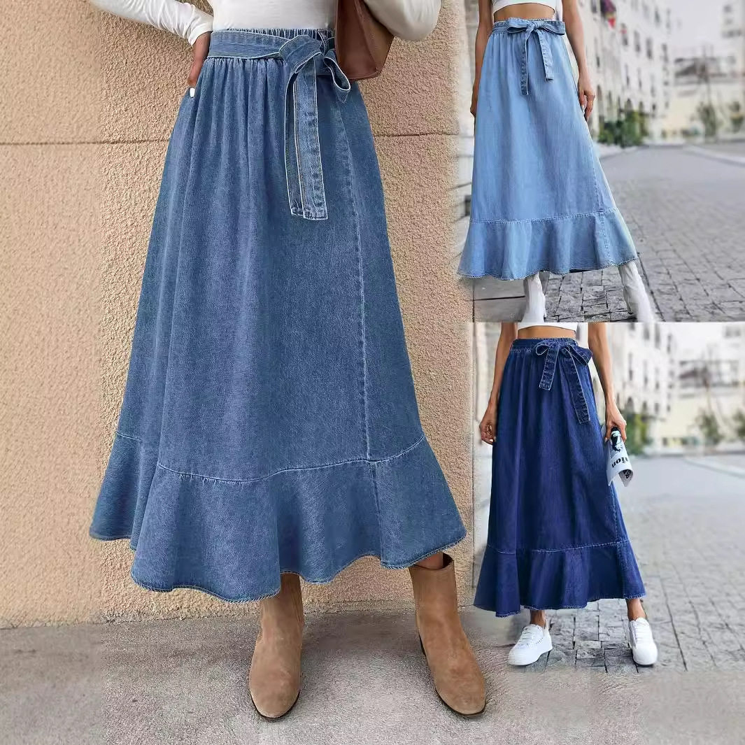 High Waisted Denim Skirt Mid Length Ruffled Hem Pleated Design Casual Wear for Women Wholesale Available
