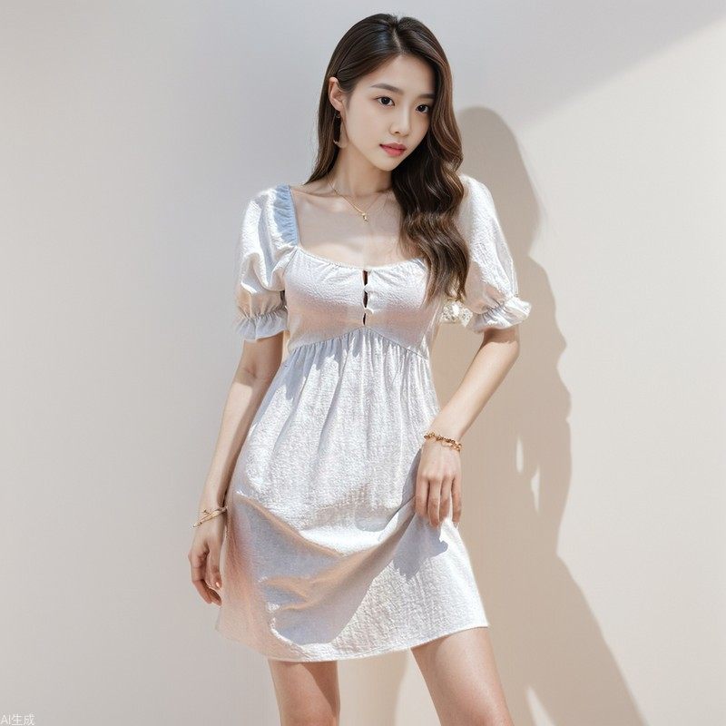 Womens A Line Dress Square Neck Puff Sleeves Waist Cinching Casual Vacation or Beach Wear Wholesale Available