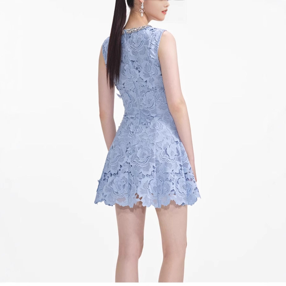 Đầm maxi ren thắt eo tay ngắn cổ tròn phong cách Pháp — Xanh thiên thanh