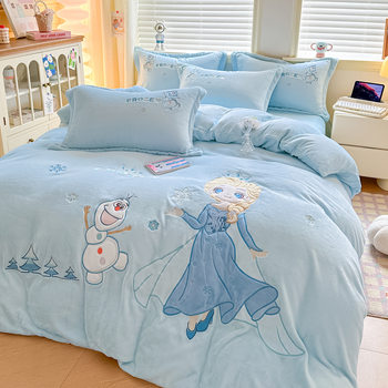 Bed Four-Piece Set Milk Velvet Elsa Ice and Snow Princess Elsa Girls and Kidsren Three-Piece Bed Bed Sheets Quilt Cover Winter