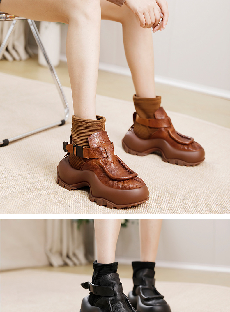 Boot Martin nữ da bò cổ ngắn đế dày gót thô — Màu đen, Màu nâu đậm