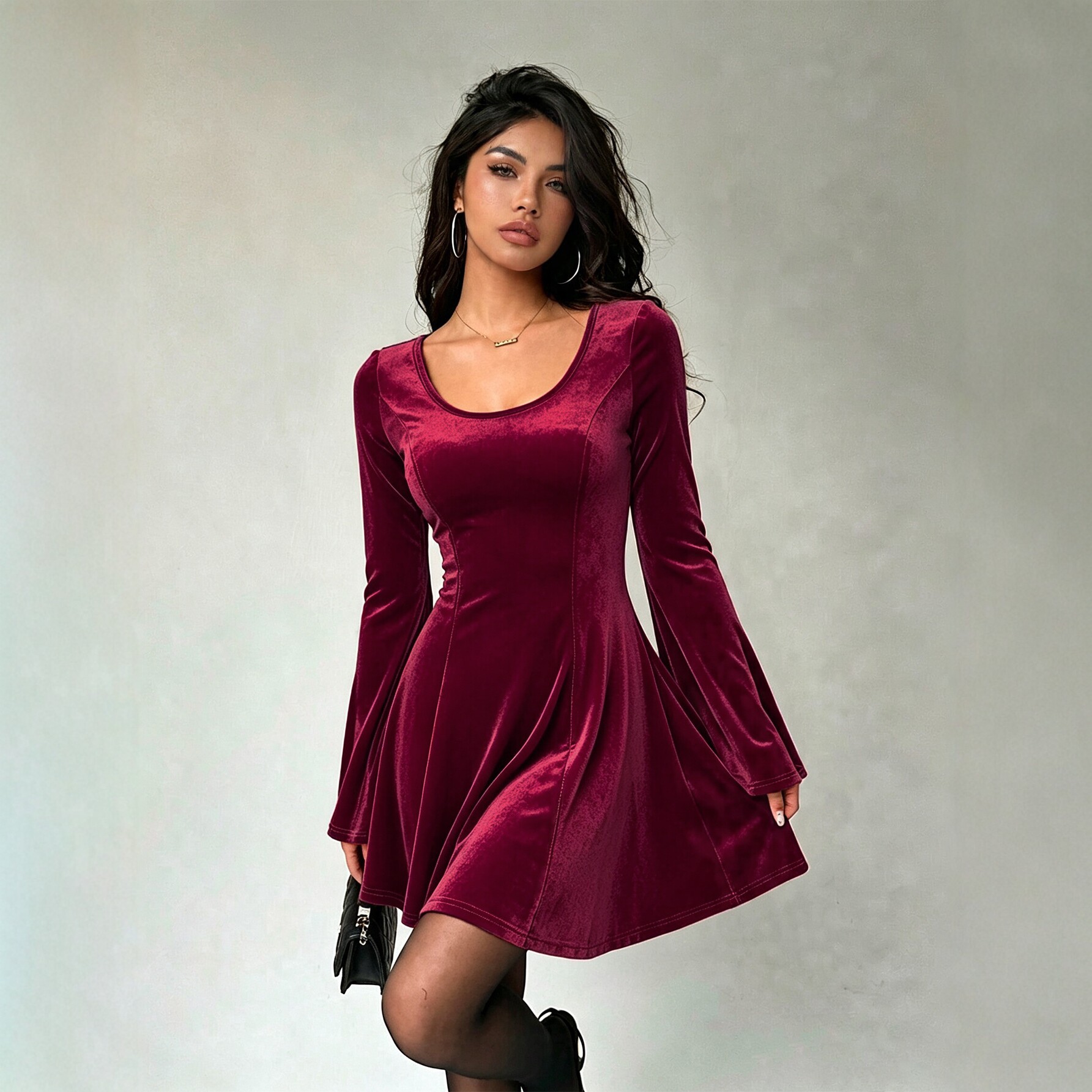 Velvet U Neck Dress for Women Back Tie Slim Fit Flared Sleeves A Line Short Skirt Elegant Evening Wear Wholesale