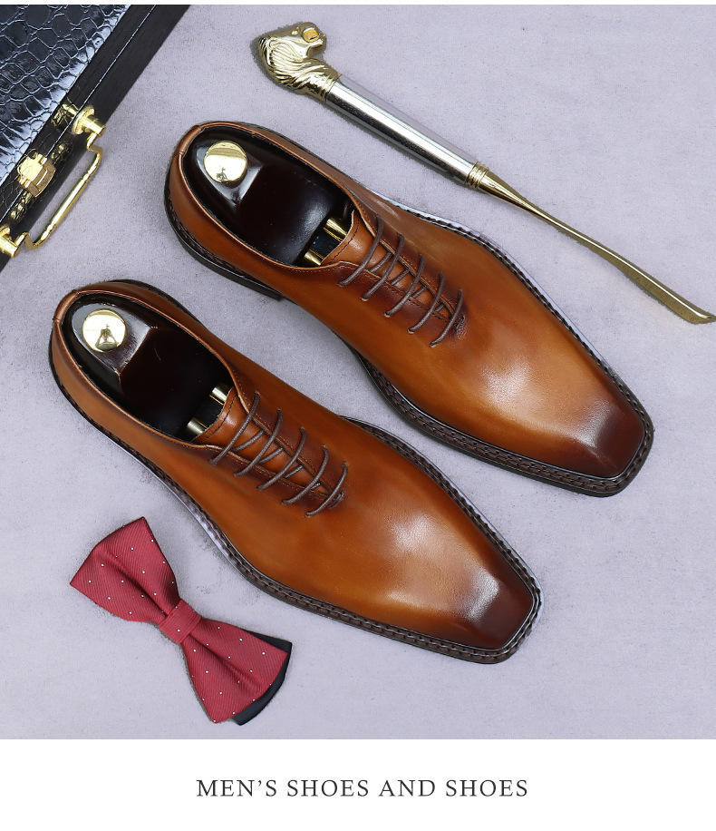 Giày Oxford nam da bò nguyên tấm buộc dây, giày công sở và giày cưới chú rể — nâu, đen