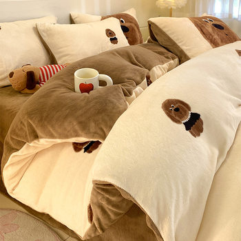 Category a Maternal and Infant Grade Thickeneded Milk Velvet Four-Piece Set Cute Cartoon Coral Velvet Three-Piece Set Winter Warm Velvet Quilt Cover