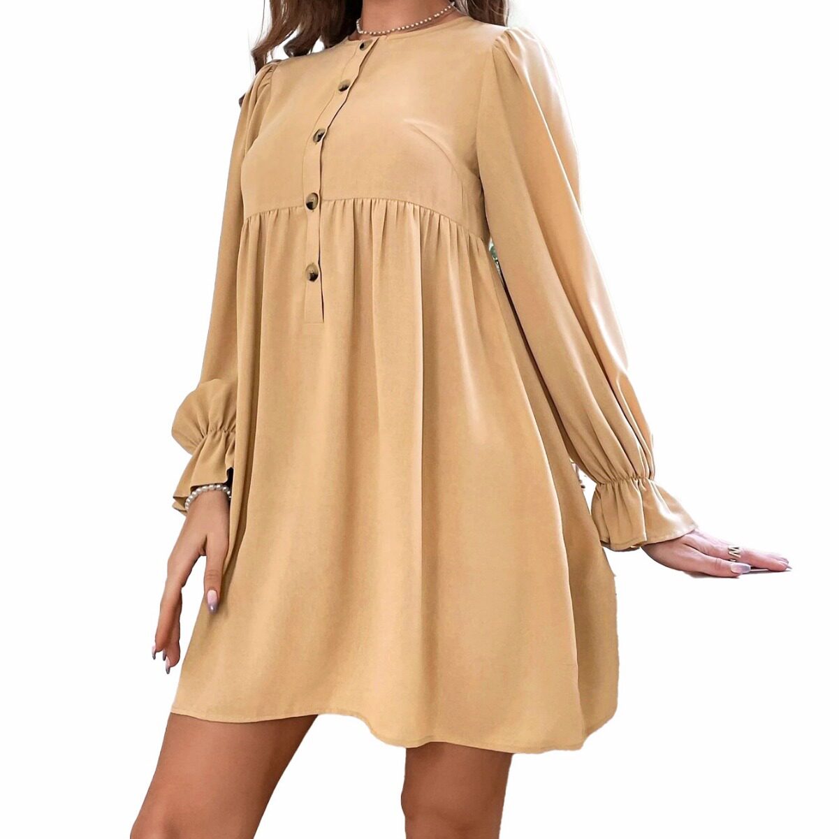 Womens Loose Fit Button Up Doll Dress Round Neck Long Sleeve Sweet and Fresh Style Perfect for Spring and Summer