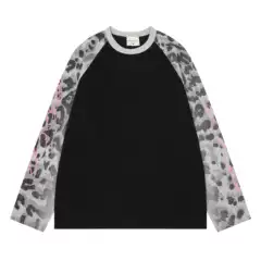 Zongchi Clothing American Retro Versatile Leopard Print Patchwork Embroidery Design Loose Casual Unisex Spring/Summer Long Sleeve T-Shirt