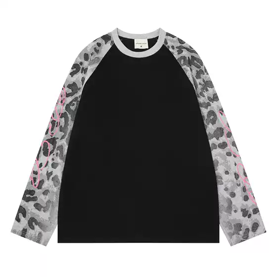 Zongchi Clothing American Retro Versatile Leopard Print Patchwork Embroidery Design Loose Casual Unisex Spring/Summer Long Sleeve T-Shirt