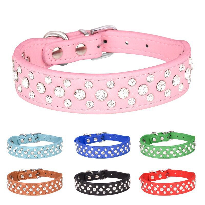 Cross-Border Pet Collar Rhinestone Pu Leather Plain Snake Pattern Metal Accessories Small and Medium Dog Supplies Dog Collar Factory
