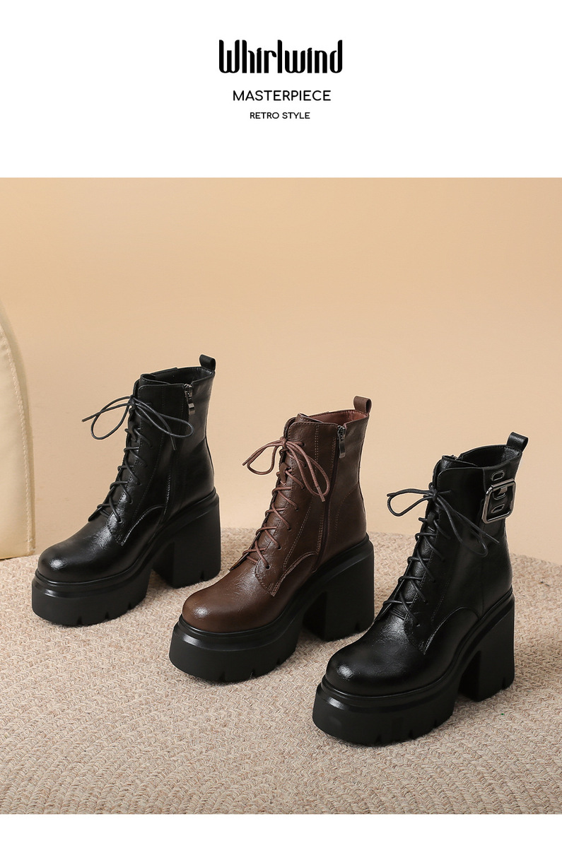Boot Martin nữ cổ thấp đế dày gót thô 12cm da bò thật dây buộc tăng chiều cao — Lớp lót đơn màu đen, Lớp lót đơn màu nâu, Lót nhung đen, Lót nhung màu nâu