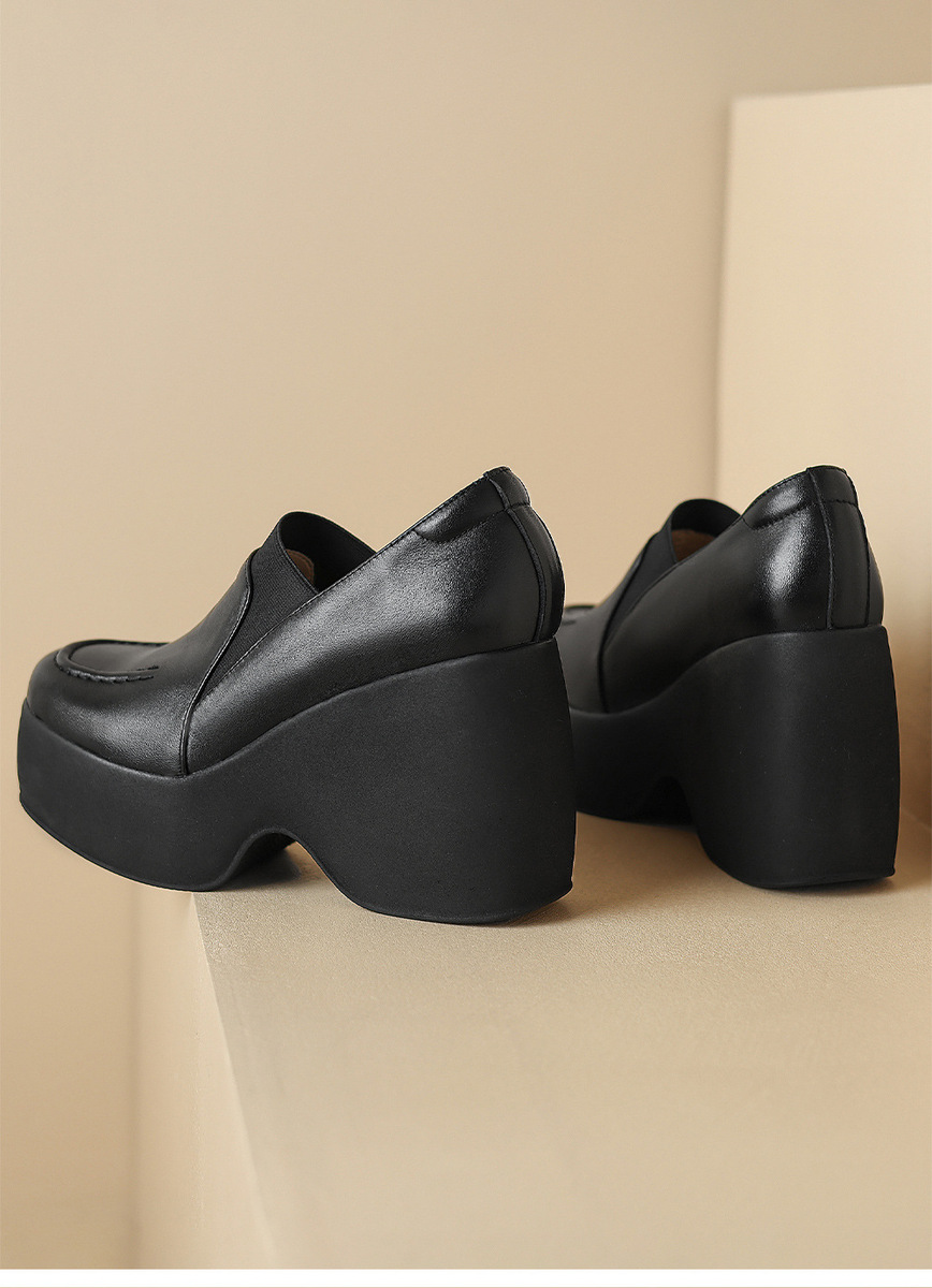 Giày cao gót nữ đế xuồng platform da bò mũi tròn gót 9cm — Màu đen