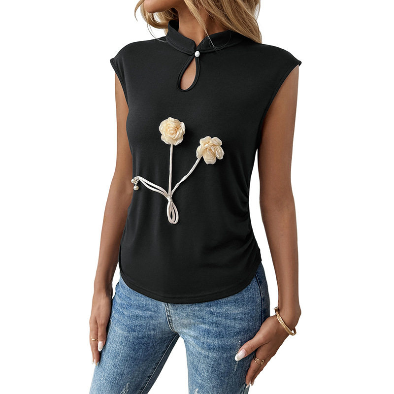 Sleeveless Black Floral Top Unique Chinese Style 3D Design Elegant Detailing Perfect for Casual and Formal Occasions