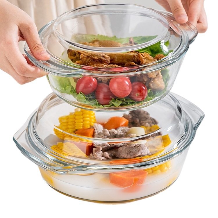 Glass Bowl with Lid, High Temperature Resistant, Large Household Instant Noodle Bowl, Microwave Heating Special Bowl, Salad Bowl, Double-Handle Bowl