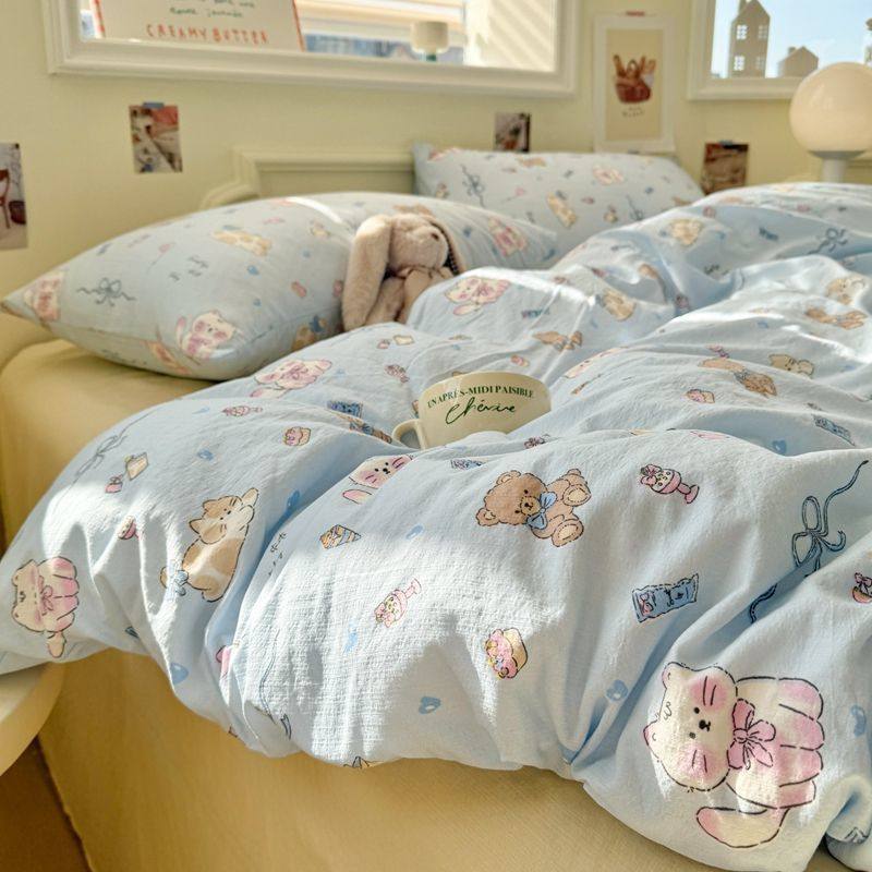 Class A maternal and infant grade double-layer yarn cute Mimi bedding four-piece bed sheet quilt cover simple dormitory three-piece set