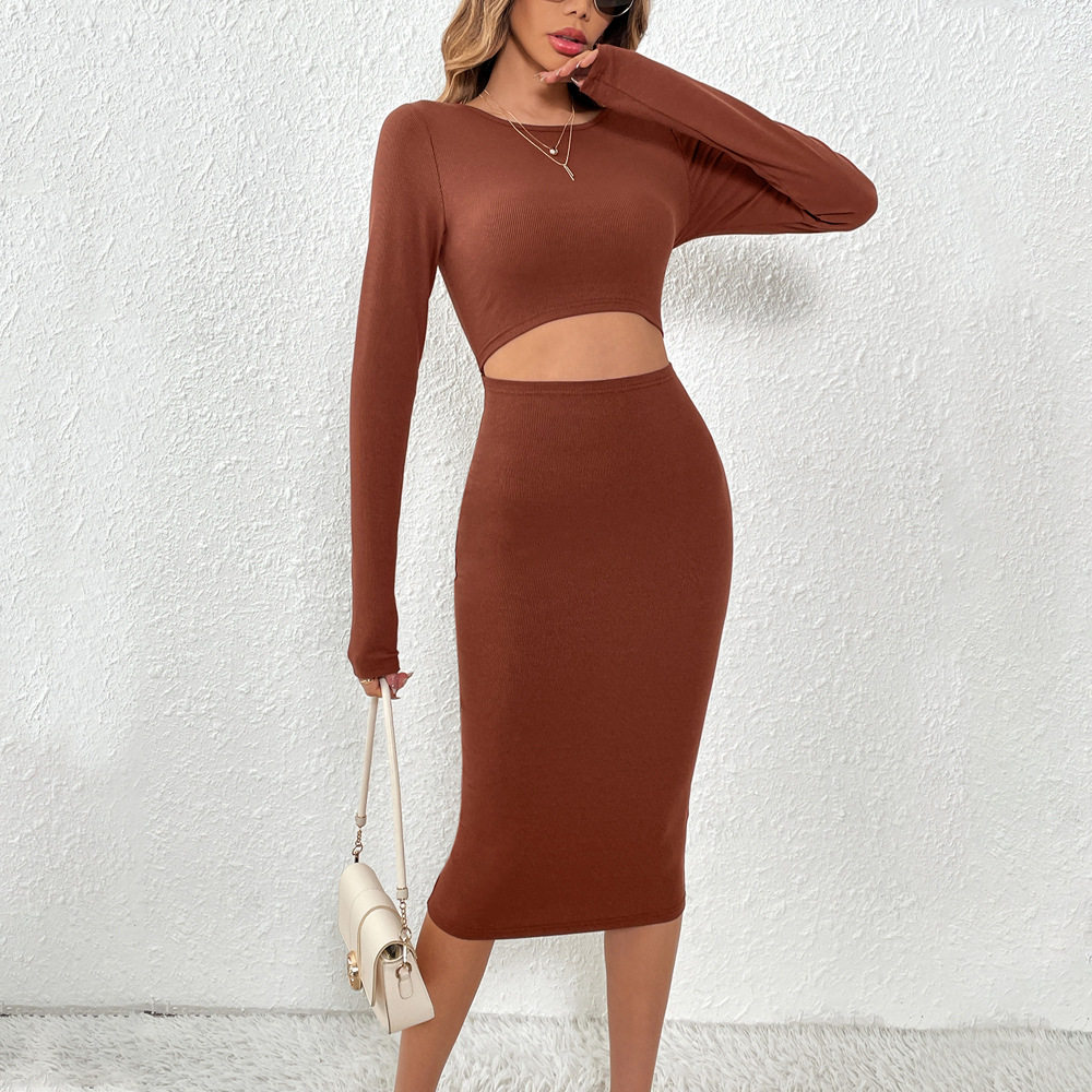 Knitted Bodycon Dress Sexy Hollow Waist Design Slim Fit Long Length Perfect for Parties and Night Out Wholesale