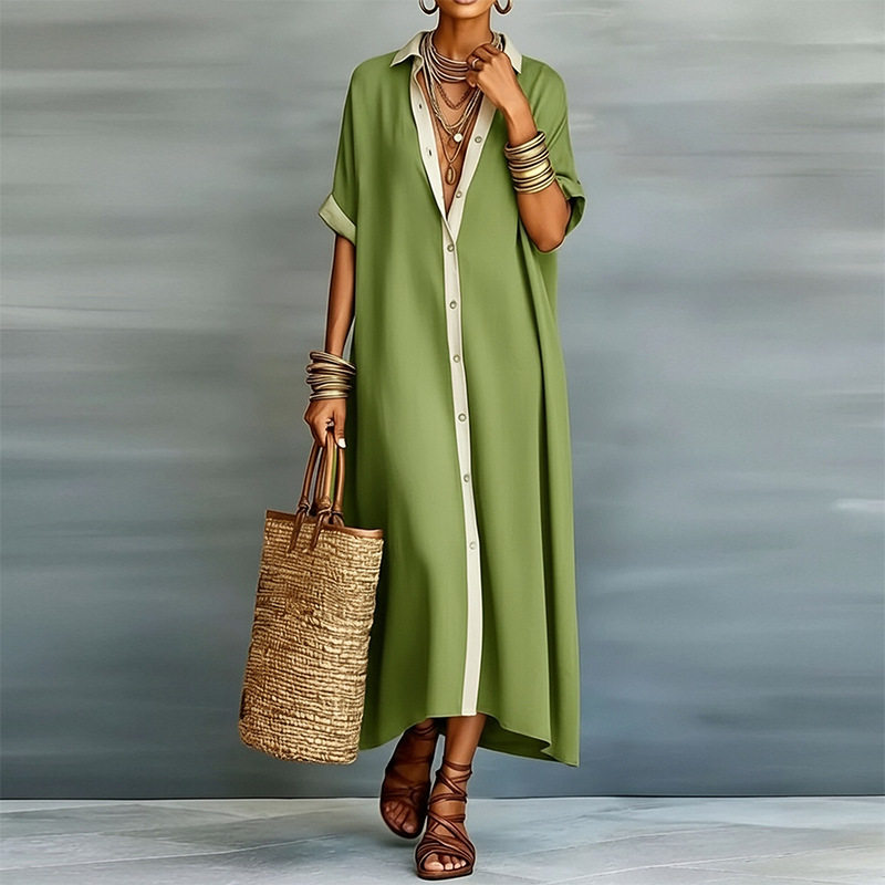Womens Spring Dress Fashionable Casual Style Loose Fit Button Design Solid Color Perfect for Everyday Wear