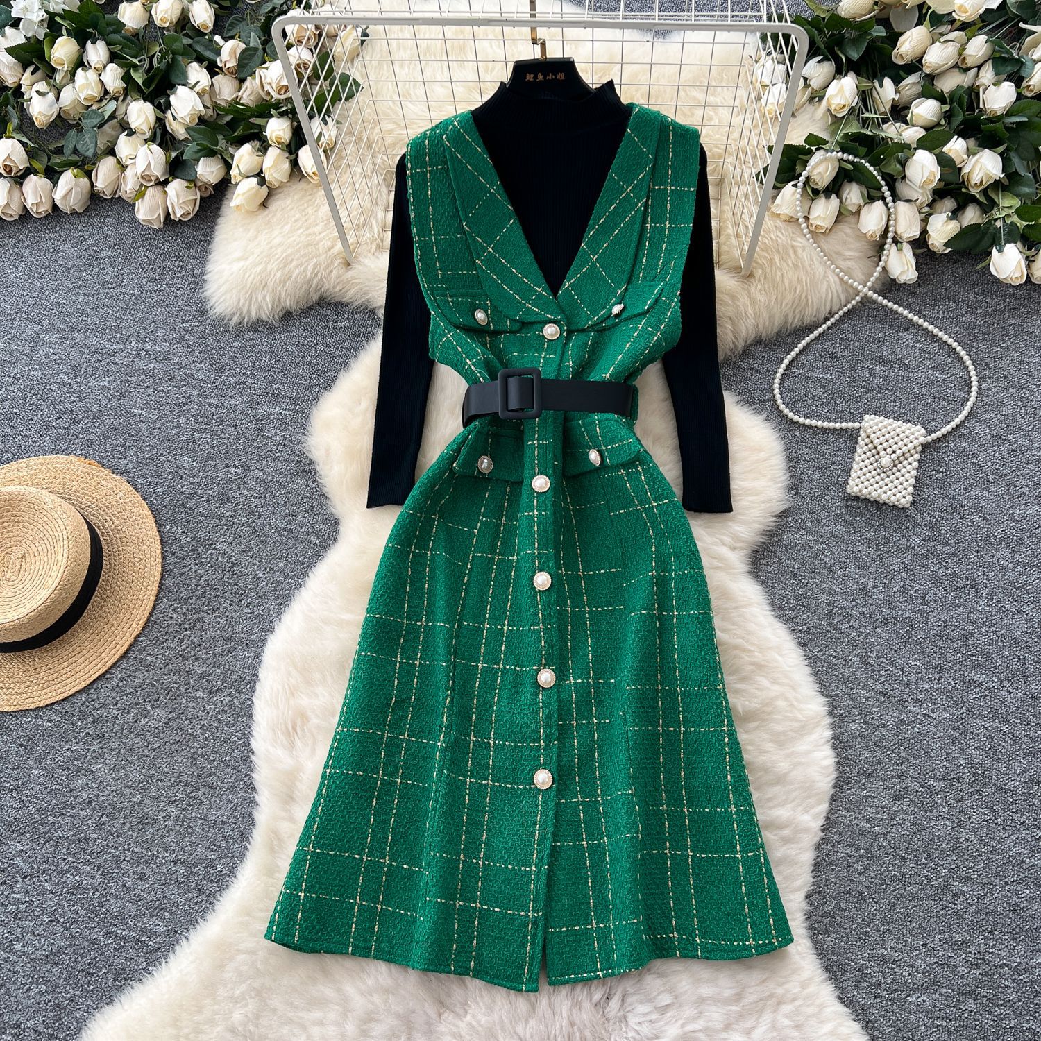 Plaid Wool Blend Sleeveless Dress Set Elegant French Style Layered with Turtleneck Long Sleeve Knit Top Autumn Fashion