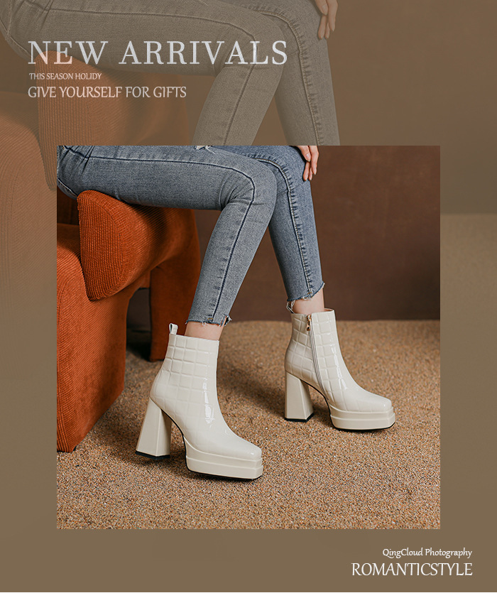 Boot nữ cổ thấp gót thô siêu cao 10cm đế platform mũi vuông khóa kéo bên hông — màu đen, Màu trắng ngà