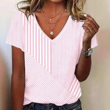 Womens Summer V Neck Short Sleeve Striped Top Trendy Floral Print Versatile Casual Wear Wholesale Available