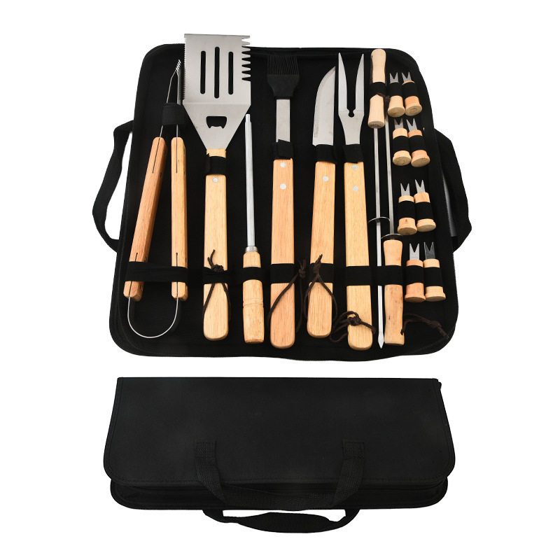 Wooden Handle Stainless Steel Grill Set 16-Piece Outdoor Camping Grill Set with Cloth Bag Shovel Fork Clip Bbq Barbecue Tool Set