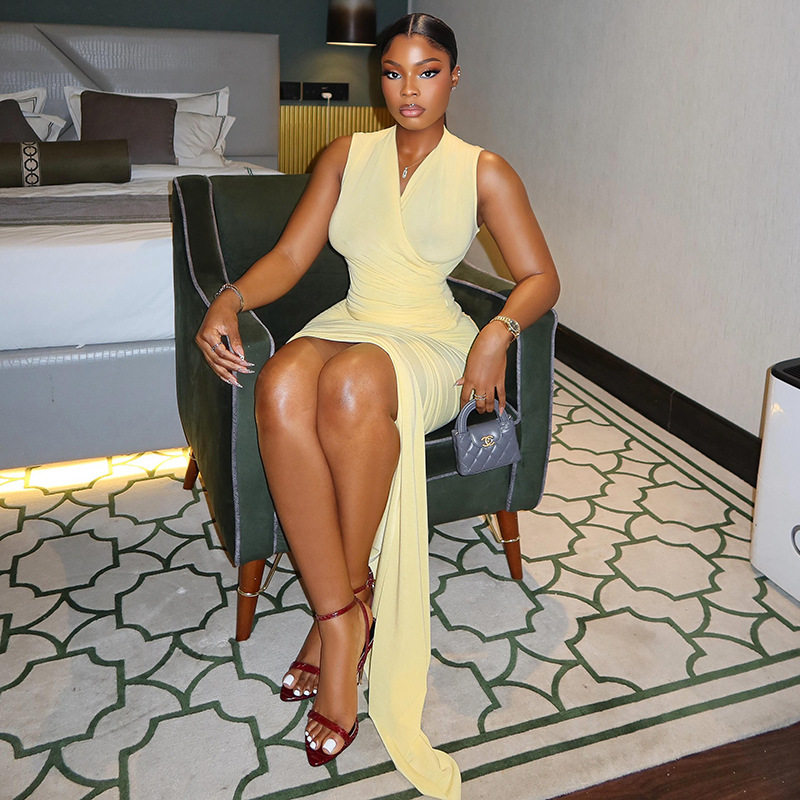 Solid Color V Neck Sleeveless Bodycon Maxi Dress Mid Waist Ruched Side Slit Slim Fit Casual or Evening Wear