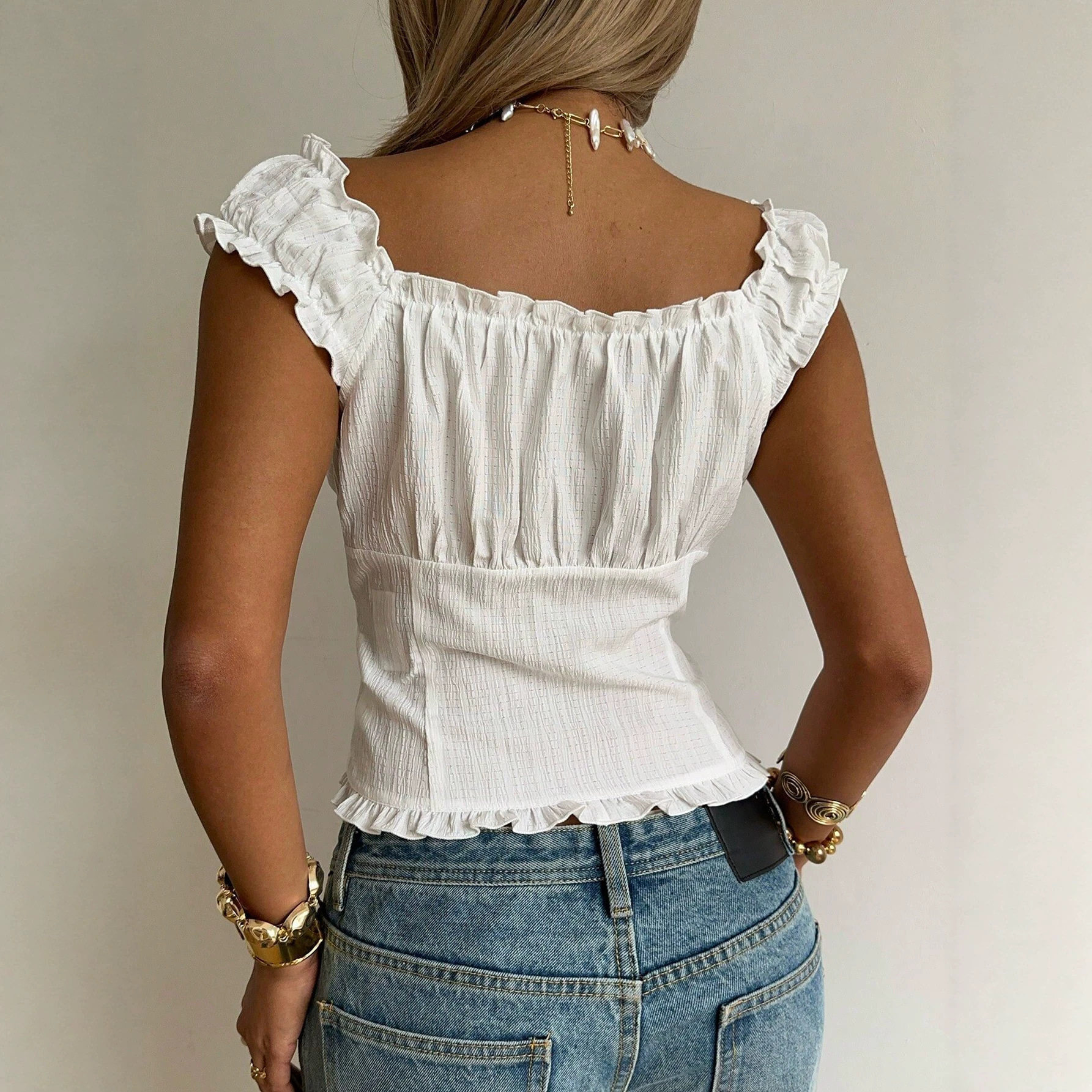 French Style White Sleeveless Top V Neck Single Breasted Waist Defining Ruffled Sleeves Casual Summer Wear