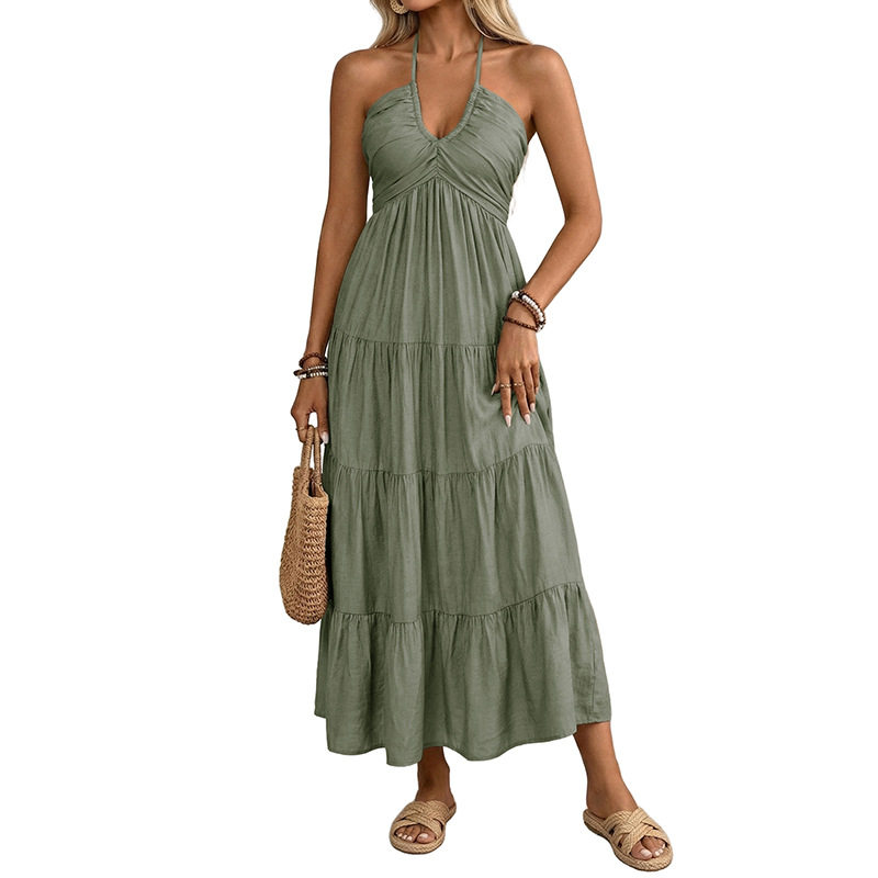 Casual Vacation Style Halter Neck Maxi Dress Solid Color Layered Design Flowy Silhouette Perfect for Summer Events