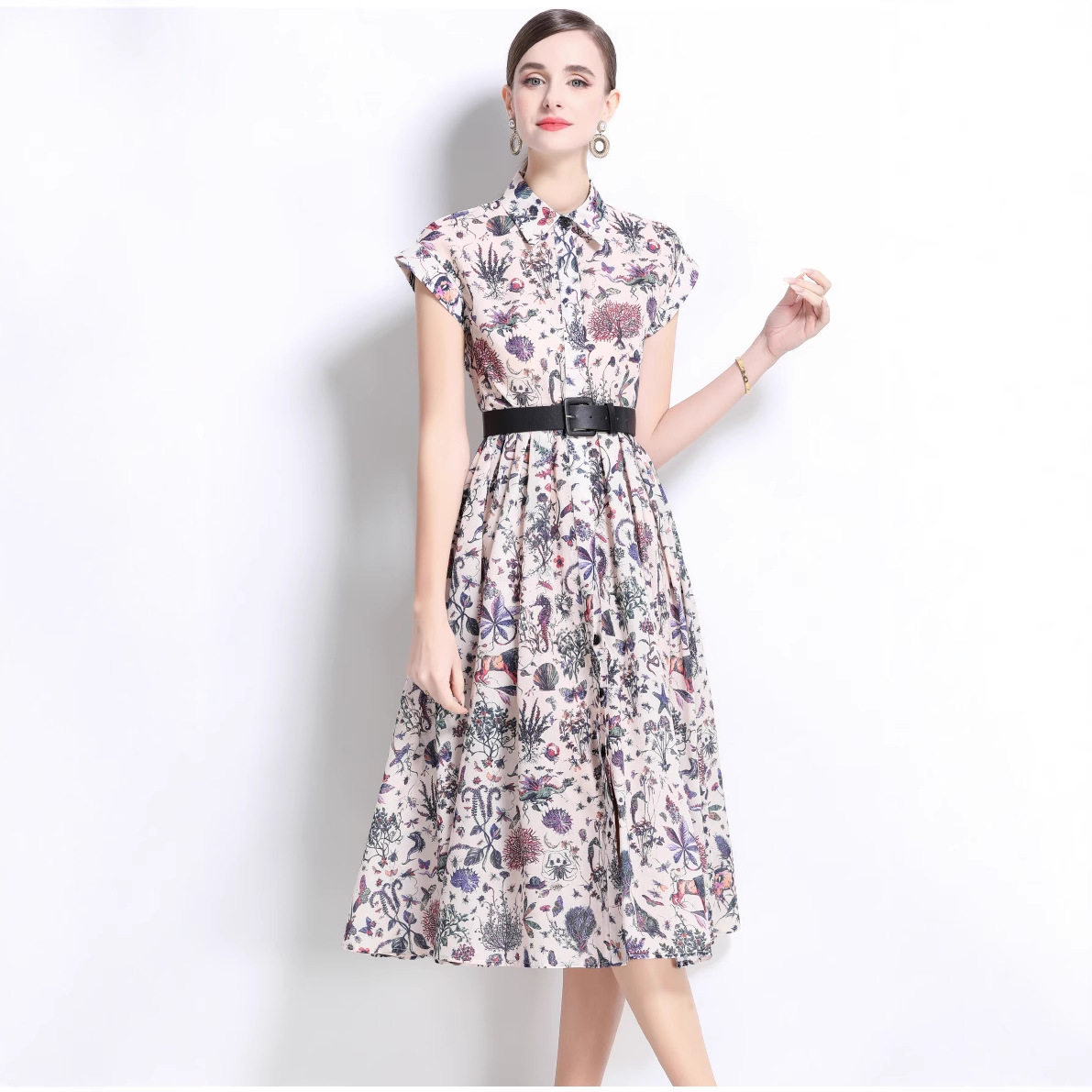 French Style Elegant Womens Dress Vintage Lapel Short Sleeve Waist Pleats Slim Fit Floral Print Perfect for