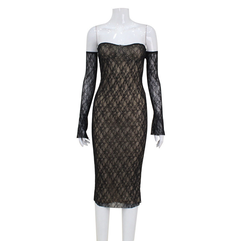 Summer Lace Strapless Bodycon Dress Elegant Fit Sexy Design with Sleeves Perfect for Parties and Night Out
