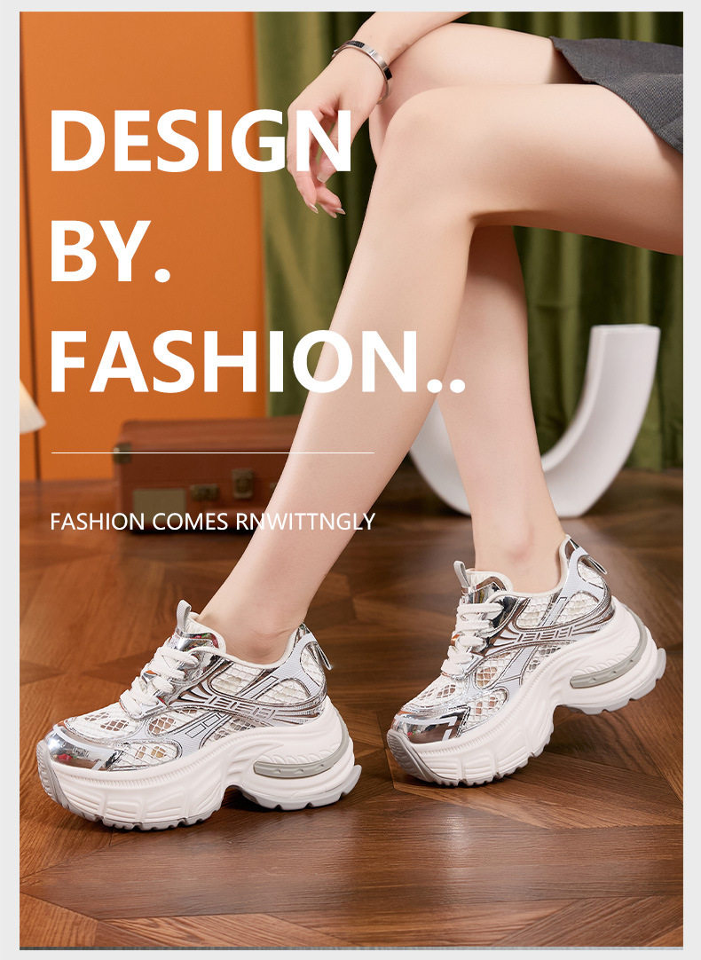 Giày sneaker nữ chunky đế dày mũi tròn, phong cách thể thao casual, đế cao 8 cm — Trắng, Hồng chi tiết 10
