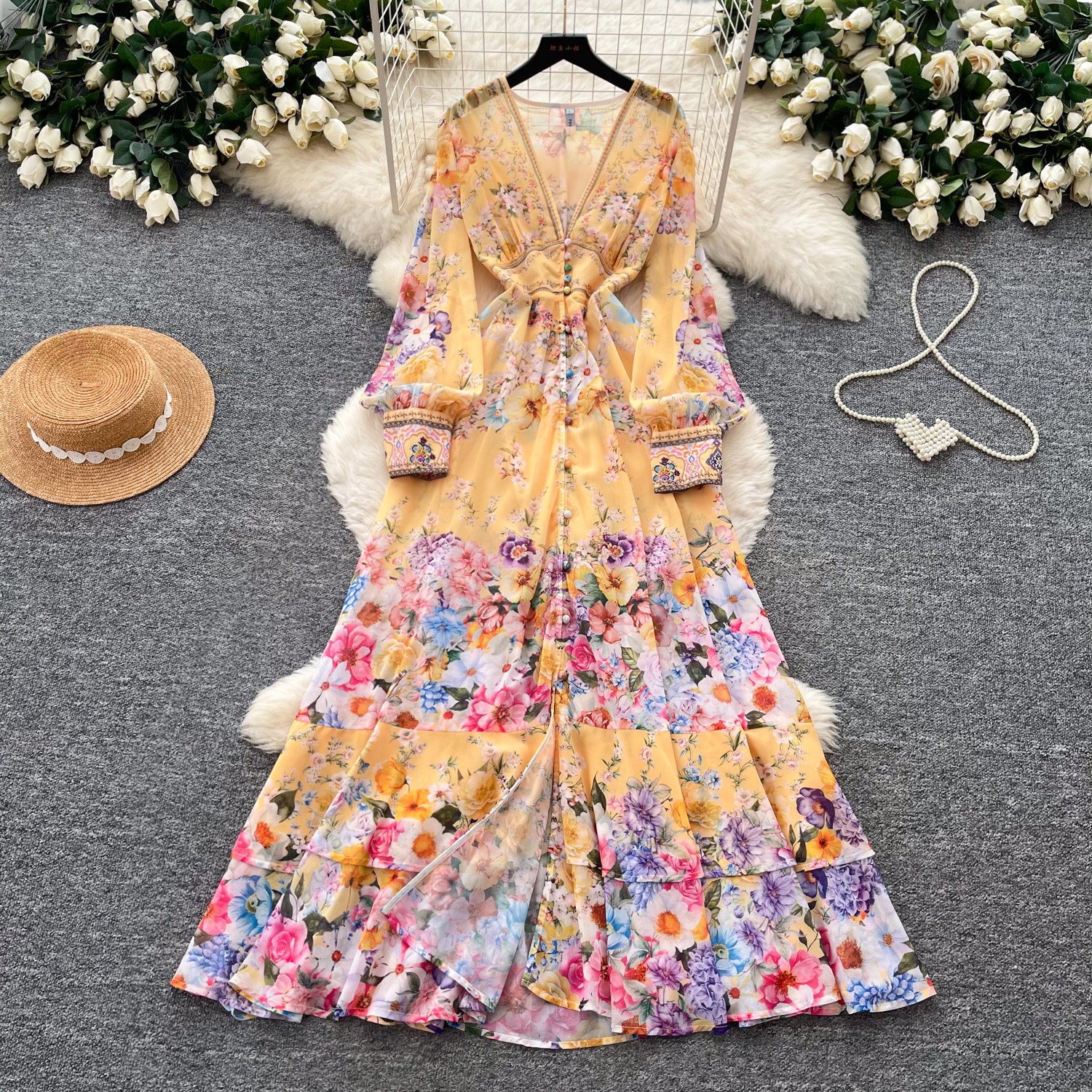 Floral Print Long Sleeve A Line Dress French Vacation Style Bell Sleeves Waist Tie Elegant Design Perfect for