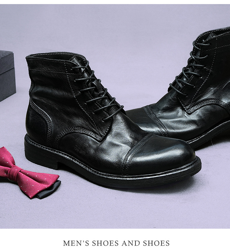 Giày boot nam da ngựa cổ cao mũi tròn đế khâu Goodyear thủ công — Màu đen, Màu cà phê