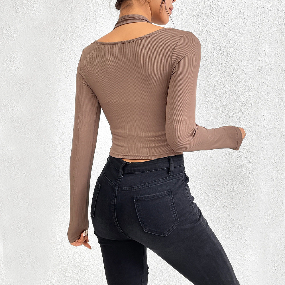 Womens Fitted Knit Long Sleeve T Shirt Exposed Stitching Halter Neck Stylish Design Autumn Winter Fashion Top
