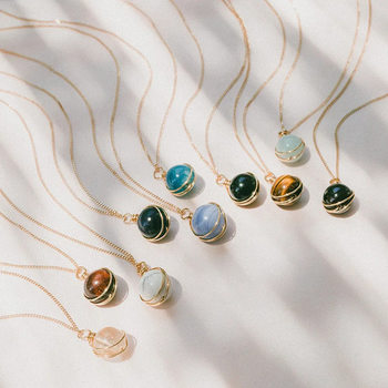 European and American Cross-Border Supply Natural Crystal Red Agate Stainless Steel Necklace Aquamarine Beads Wrapped Around Silk Pendant Jewelry