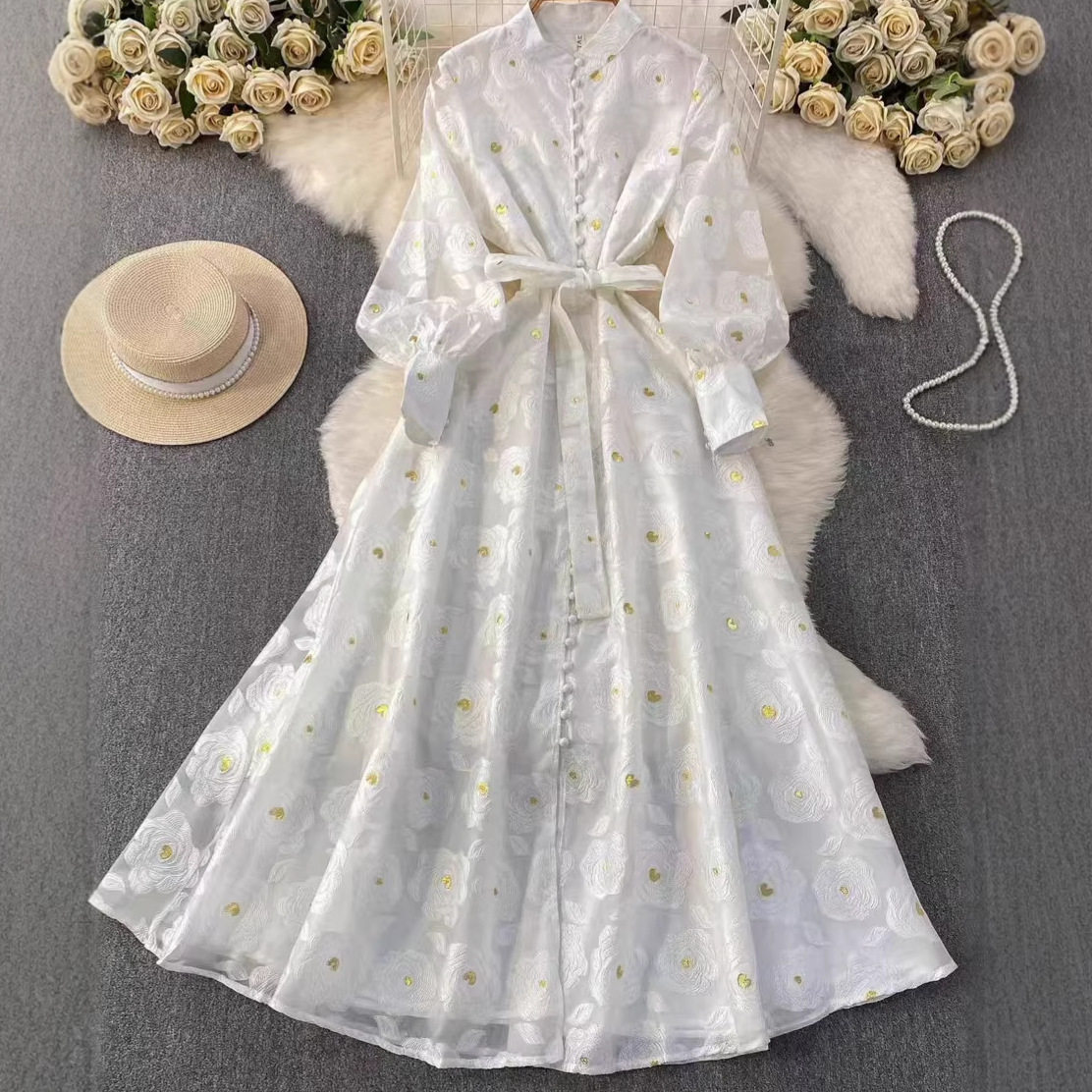 Vintage Inspired Luxury Jacquard Dress Stand Collar Waist Tie Slim Fit Elegant Long Dress for Spring and Autumn