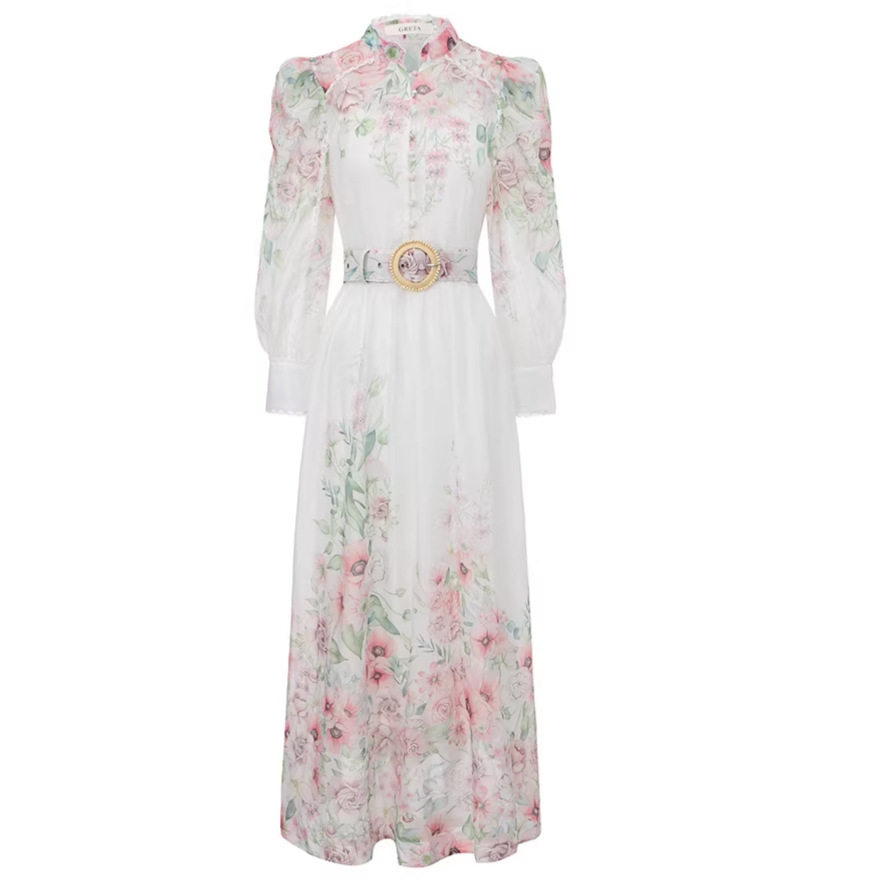 French Vacation Style Sweet Lace Trim Long Sleeve Dress for Women Tie Waist Elegant Flared Skirt Spring and Autumn Wear