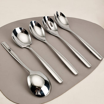 Extra Thick 304 Stainless Steel Serving Spoon for Public Serving, Hotel Restaurant with Bead Hook, Non-Slip, Extended Handle, Square Head Spoon