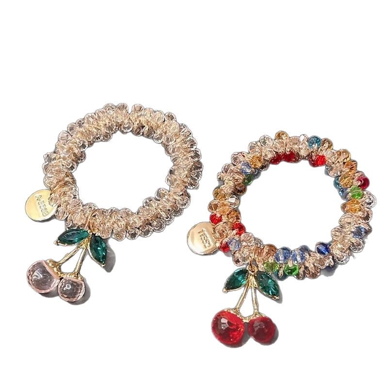 New Cherry Hair Rope Women's Payertail Ball Hair Ring pink Crystal Rubber Tendon High Elastic Hair Ring Tie Rope